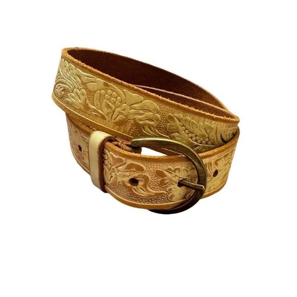 GAP Accessories - Gap Leather Embossed Belt Tan Cream Gold Design Vintage Solid Brass Buckle Small